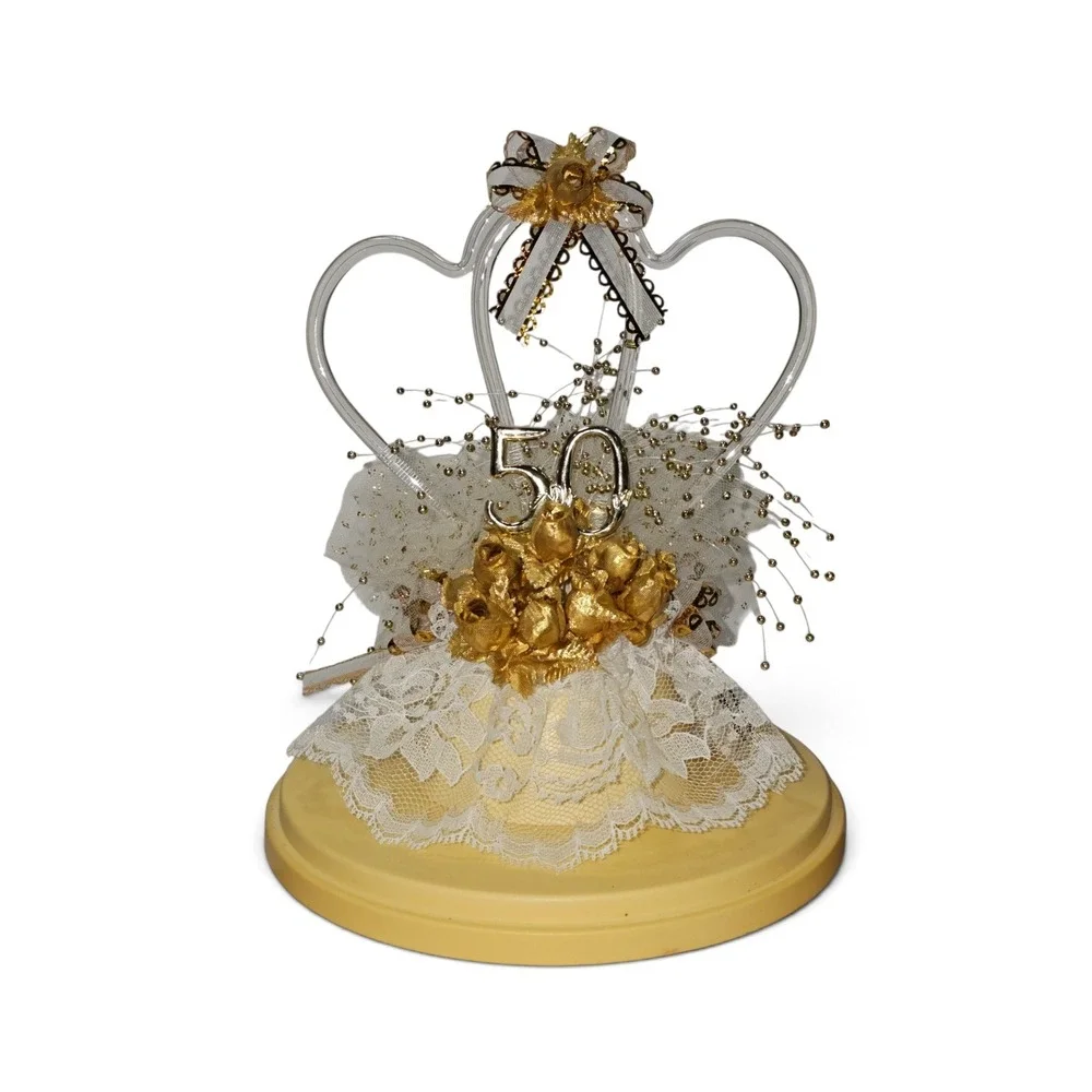 Vintage Treasure Masters Cake Topper 50th Anniversary Gold White Hearts Dome